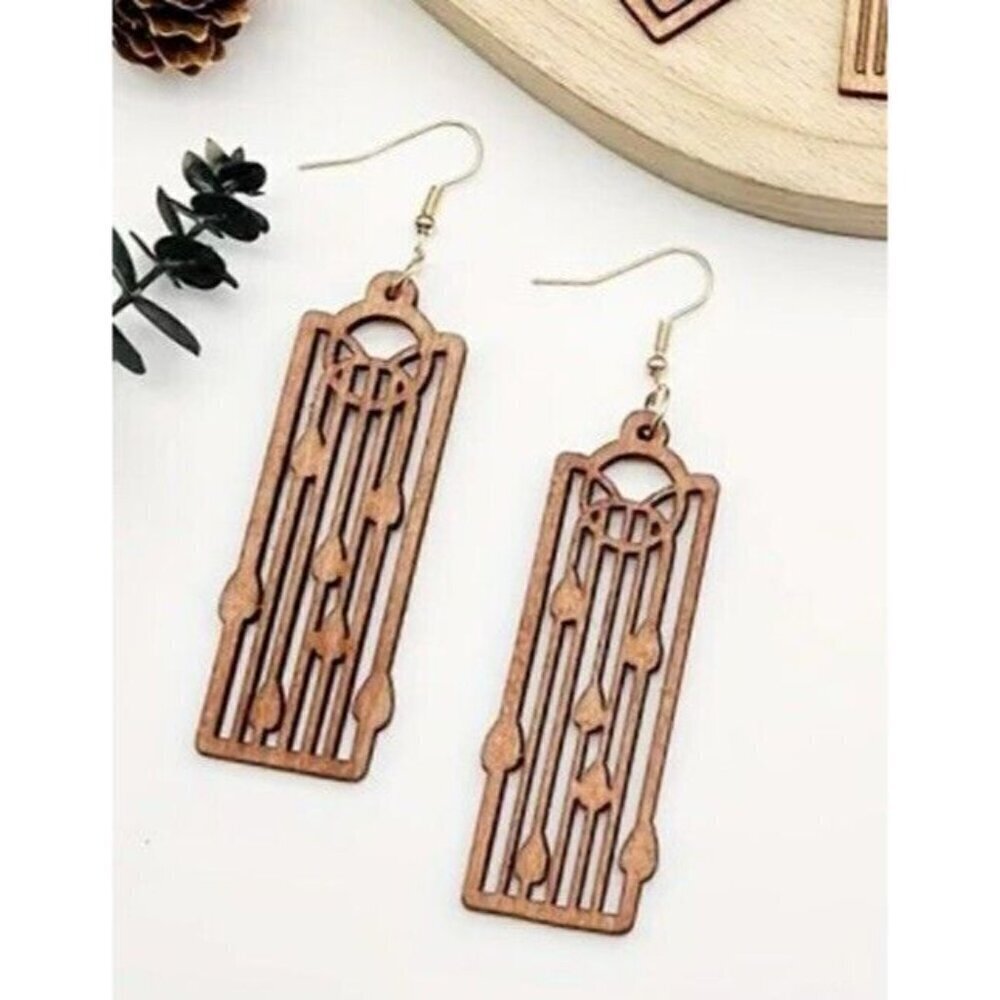 WOOD Cut Out Earrings Tribal Unique Artistic LIGHTWEIGHT Dangle Jewelry